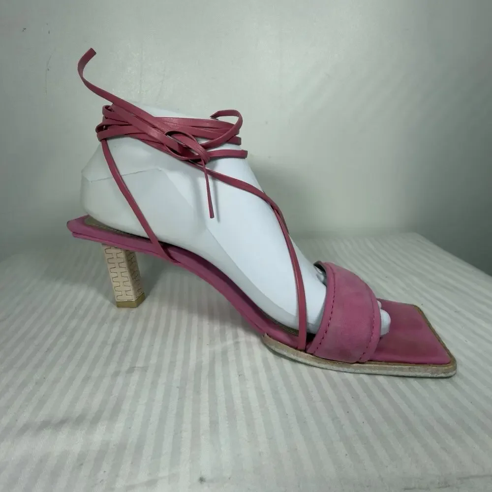 Jacquemus Pink Suede Ankle Tie Block Heel Sandals Size 8 UK 39 - Picture 10 of 15